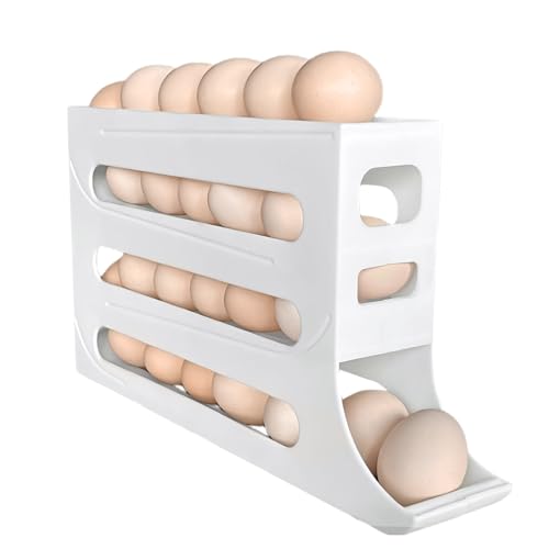 NOVMPAQ 30 Eggs Egg Holder for Fridge - Auto Rolling Fridge Egg Organizer, Space-Saving Egg Dispenser Holder, 4 Tiers Fridge Egg Rack Large Capacity Egg Dispenser for Refrigerator (White)