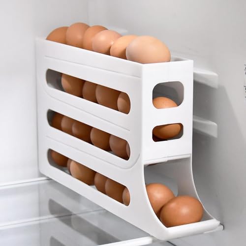 NOVMPAQ 30 Eggs Egg Holder for Fridge - Auto Rolling Fridge Egg Organizer, Space-Saving Egg Dispenser Holder, 4 Tiers Fridge Egg Rack Large Capacity Egg Dispenser for Refrigerator (White)