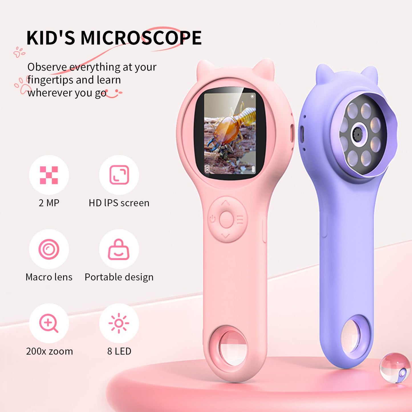 Microscope for Kids - Portable Handheld Magnifying Glass for Kids - Mini Digital Microscope for Kids Educational Science Toys, Christmas Birthday Gifts for Age 3 4 5 6 7 8 Girls&Boys （Pink）