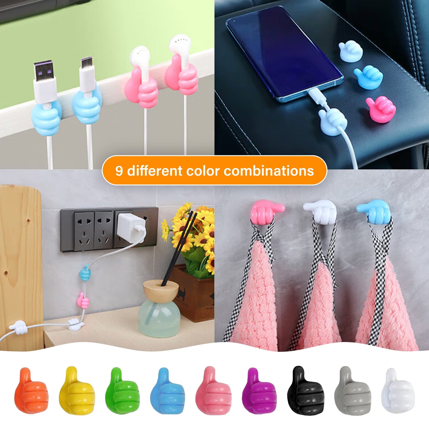 Thumb Wall Hooks for Hanging, 27pcs Self Adhesive Thumb Cable Organizer Clips No Punching Key Hook Holder Wall Hangers, Multifunctional Nails-Free Utility Silicone Hooks Desk Wire Management Storage