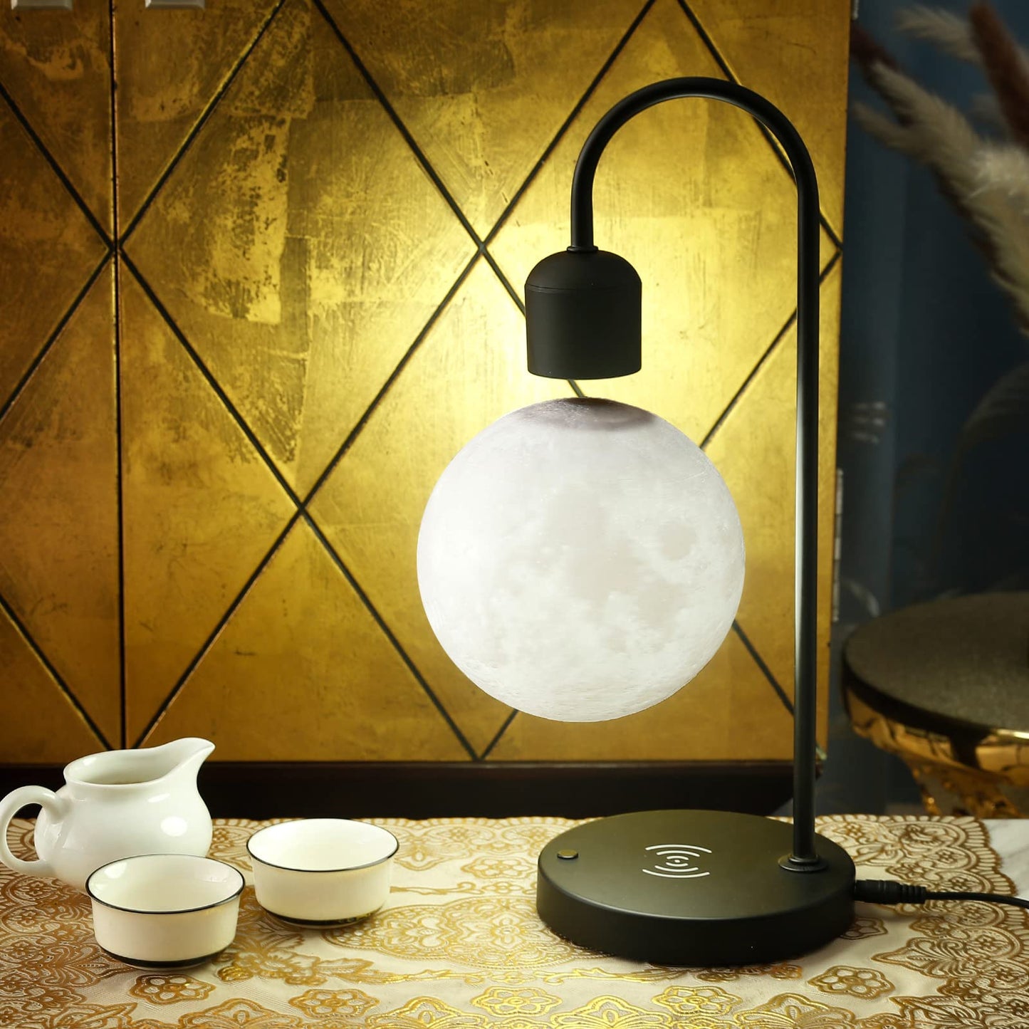 Coolha Floating Moon Lamp with Wireless Phone Charger & LED Levitating Ball in The Air Freely Unique Magnetic Cloud Desk Lamp with Cool Night Light, Home Office Decor & Gift for Friends Families